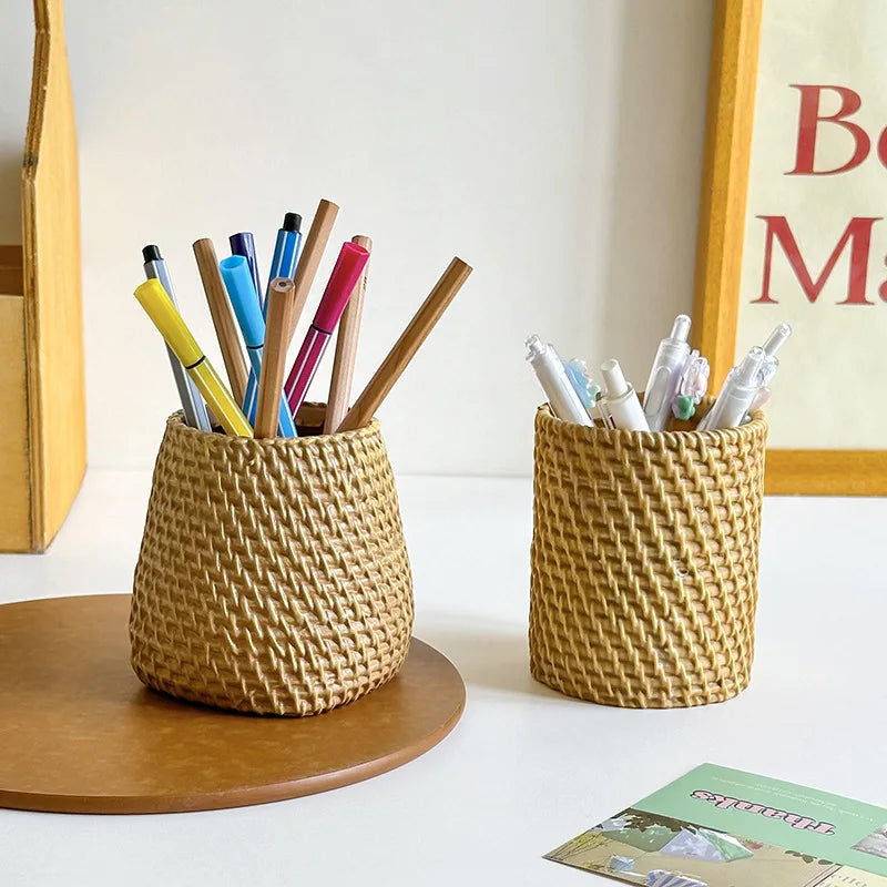Rattan Pen Holder Desk Waterproof Sturdy School Office Supplies