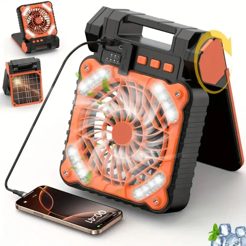 5200mAh Solar Camping Fan with LED Lantern & Sleep Timer