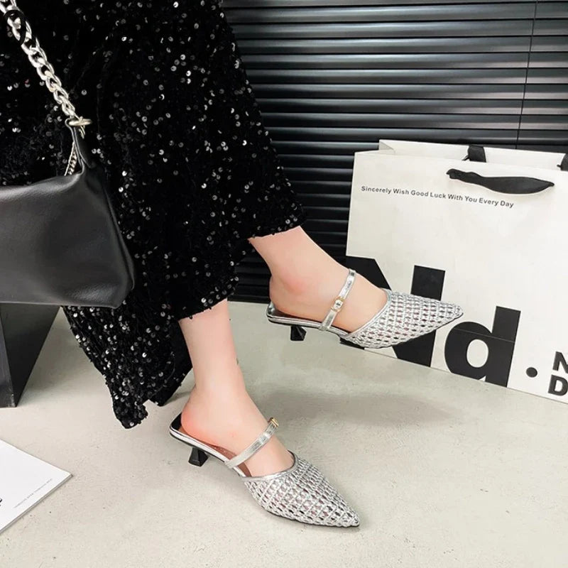 Women's Hollow Weave High Heel Mules – Square Heel Dress Slides