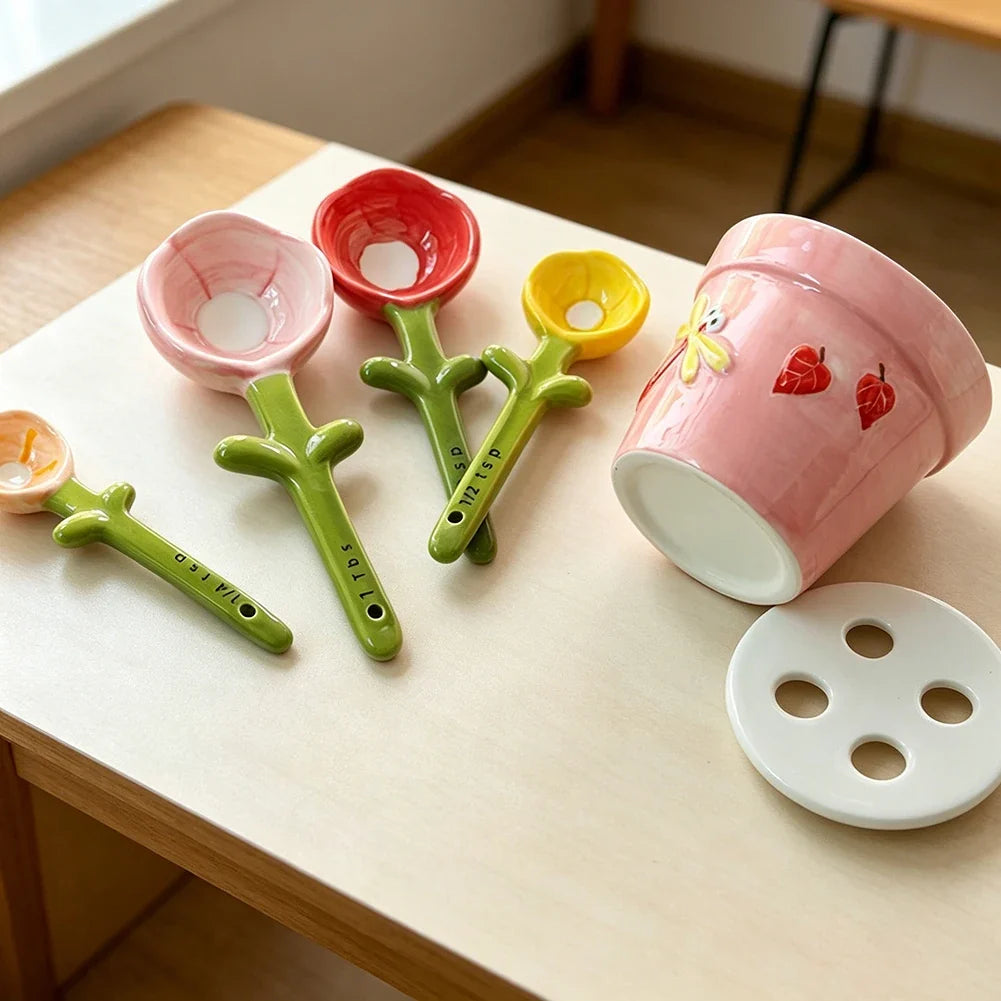 Ceramic Flower Measuring Spoons Set with Holder | Kitchen Decor