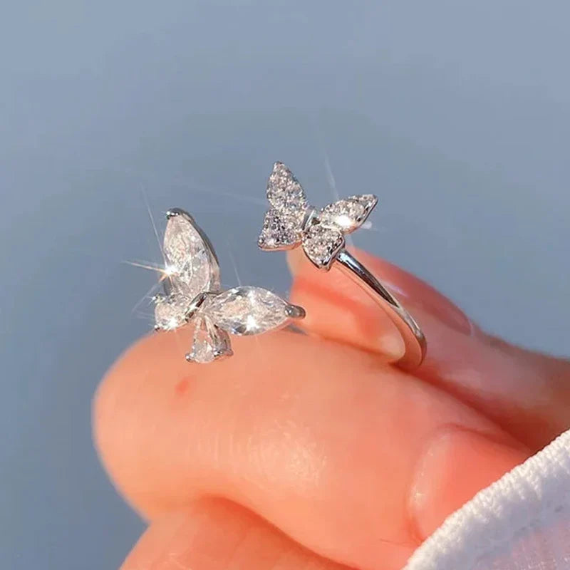 Huitan Butterfly Opening Ring Women – Silver CZ Fashion Jewelry