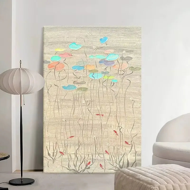 Lotus Pond Abstract Hand-Painted Oil Painting | Canvas Wall Art