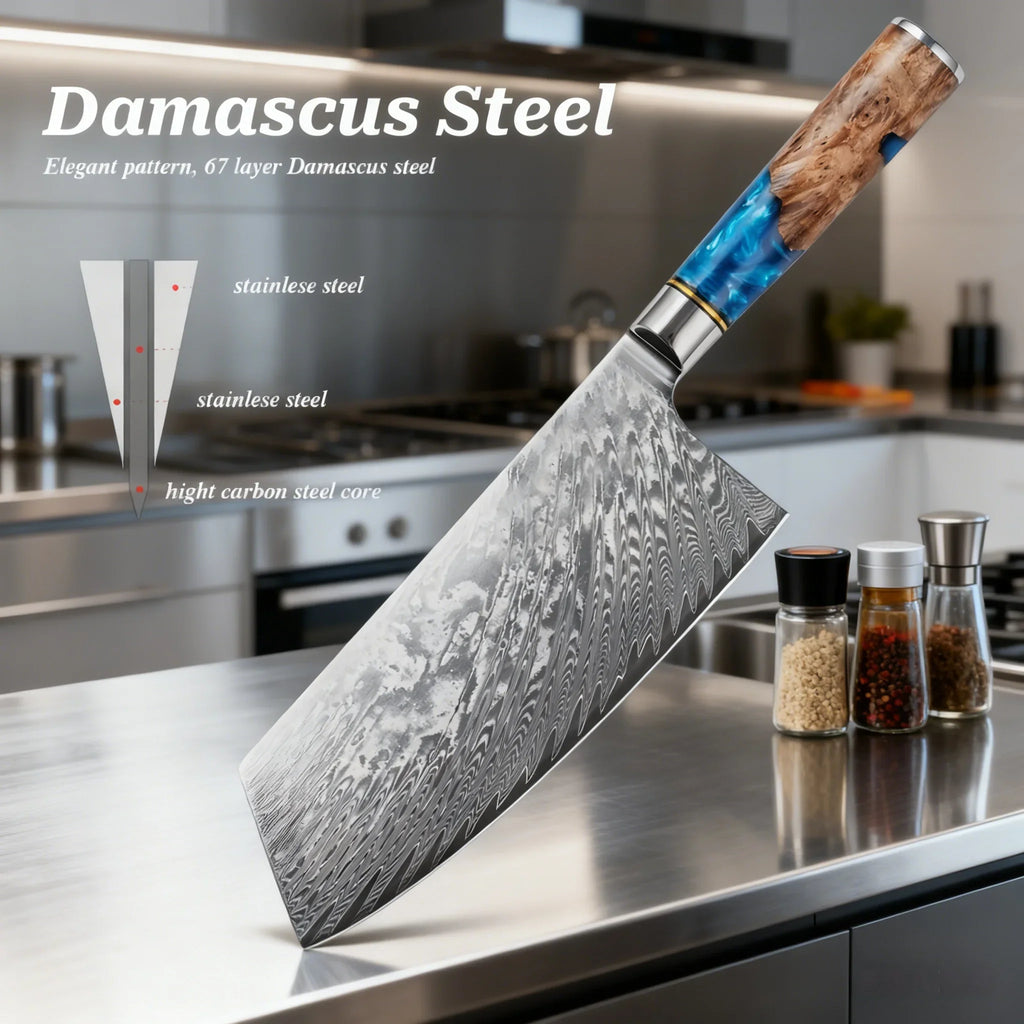 67-Layer Damascus Steel Kitchen Knife Set – Chef & Santoku