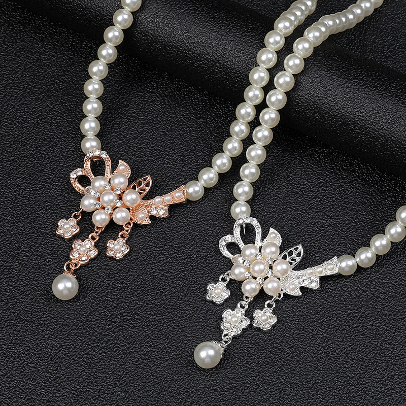 Women's Faux Pearl Rhinestone Flower Necklace & Earring Set