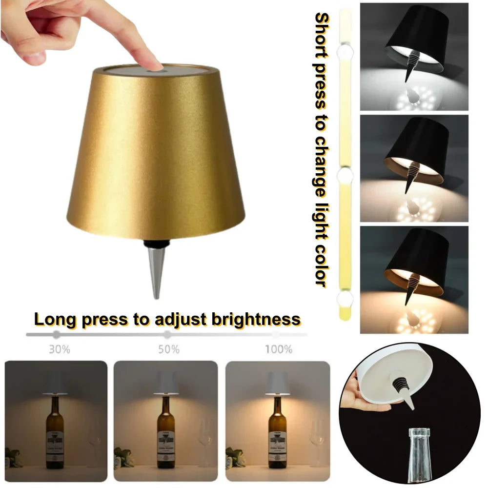 Wireless Wine Bottle LED Lamp – Touch Dimmer, USB-C Charging