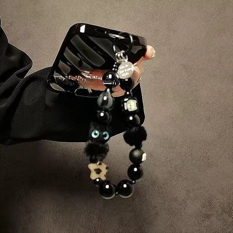 Luxury Black Fluffy Cat Phone Wrist Strap & Beaded Chain