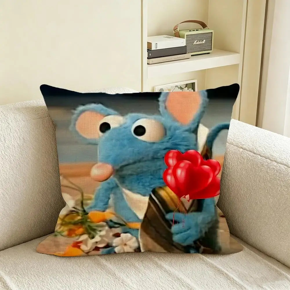 Cartoon Blue Mouse Linen Cushion Cover – Sofa & Bedroom Decor
