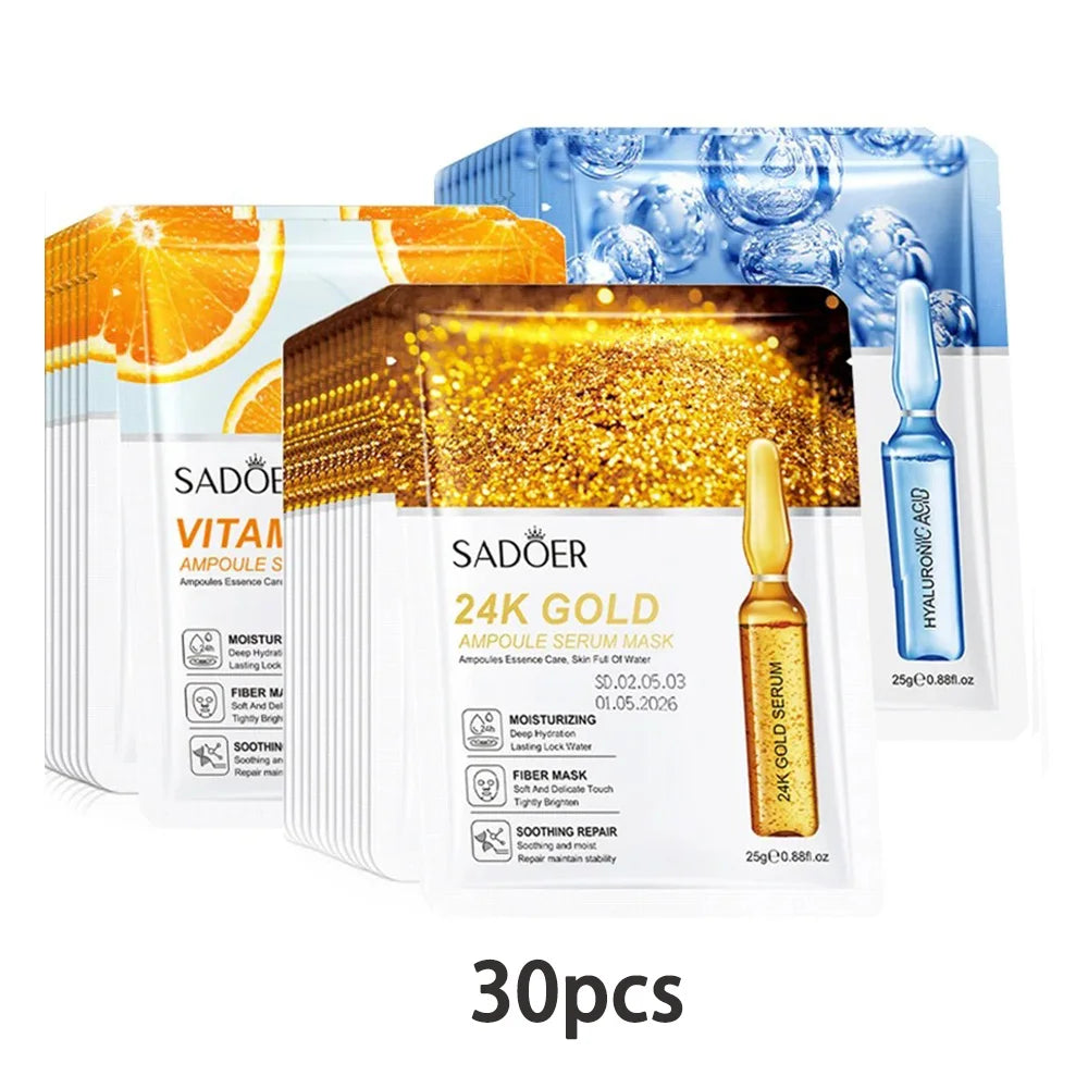 SADOER 24K Gold Vitamin C & Hyaluronic Acid Face Mask 10/20/30pc