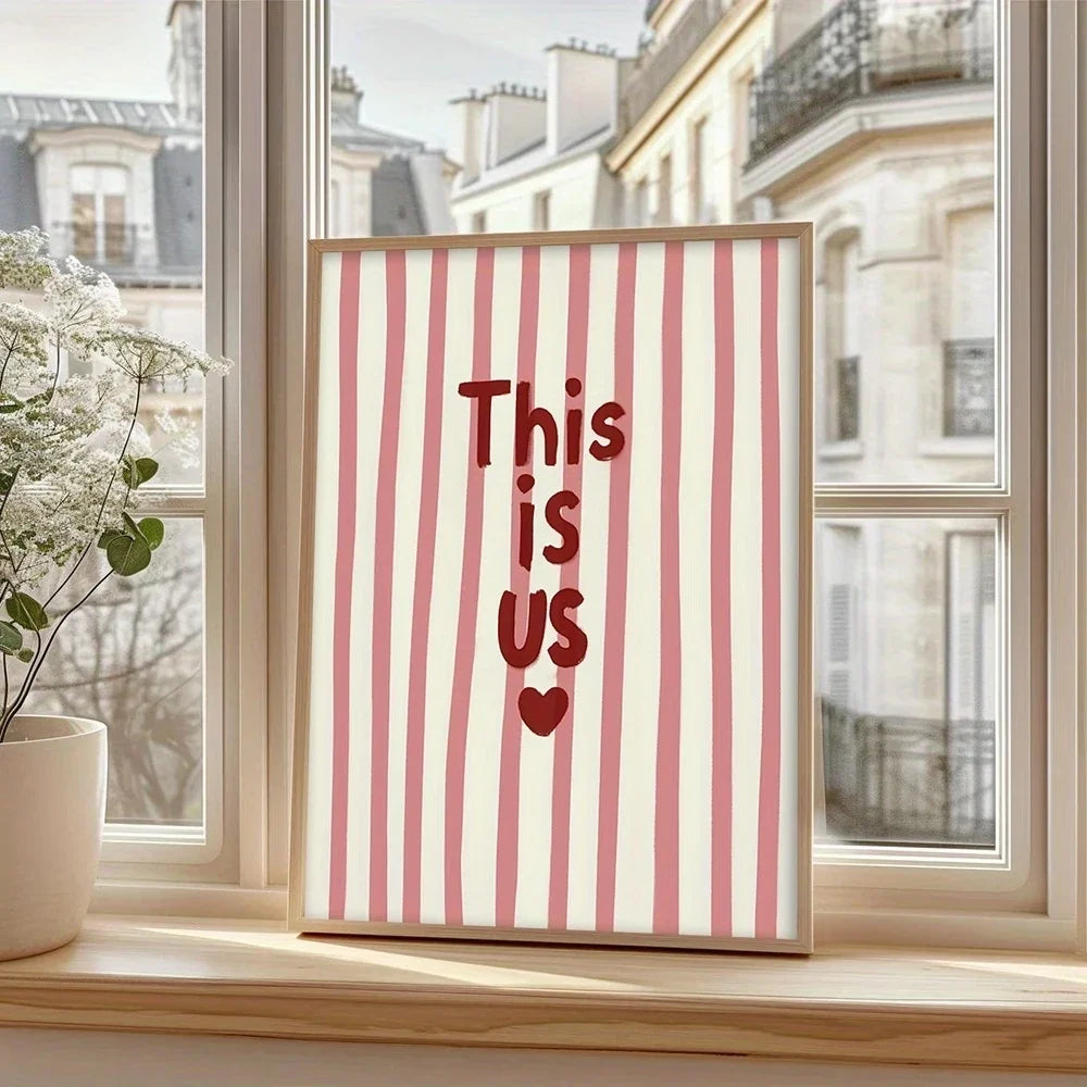 "This Is Us" Quote Pink Stripes Retro Canvas Wall Art Print