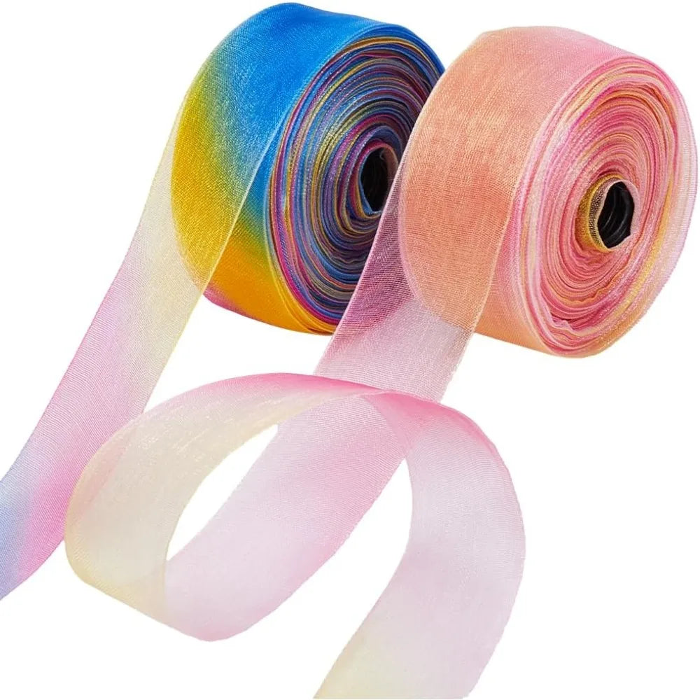 Rainbow Organza Ribbon 2 Rolls – 1 Inch x 50 Yards Sheer