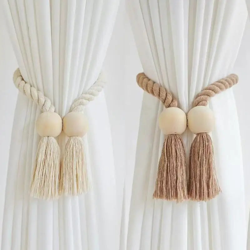 Magnetic Wooden Tassel Curtain Holdbacks – Set of 2