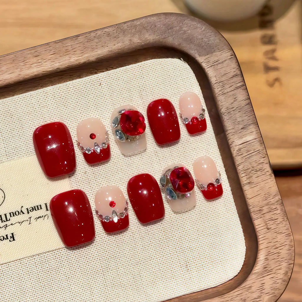 Red Crystal French Press-On Nails | Short Korean Style 10pcs