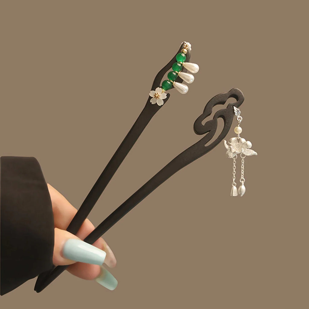 Chinese Floral Hair Chopsticks | Pearl Flower Wood Hair Stick