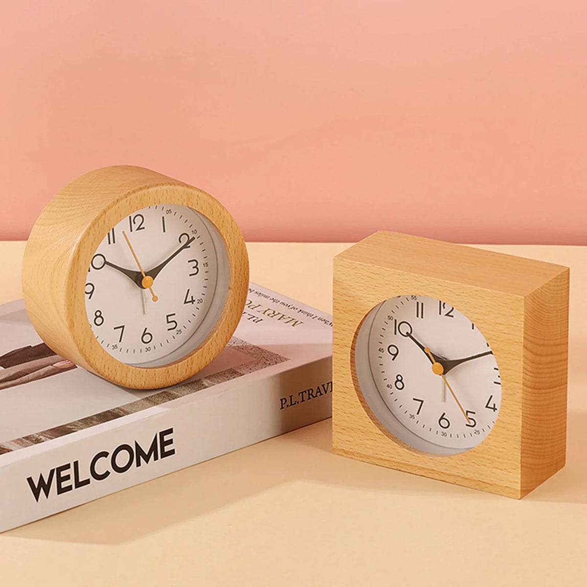 Minimalist Solid Wood Analog Alarm Clock with Night Light