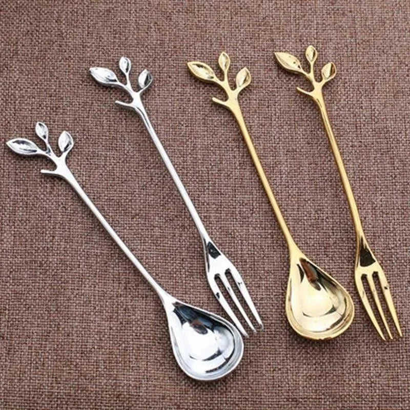 Leaf-Shaped Zinc Alloy Dessert Fork & Spoon | 12cm Cutlery