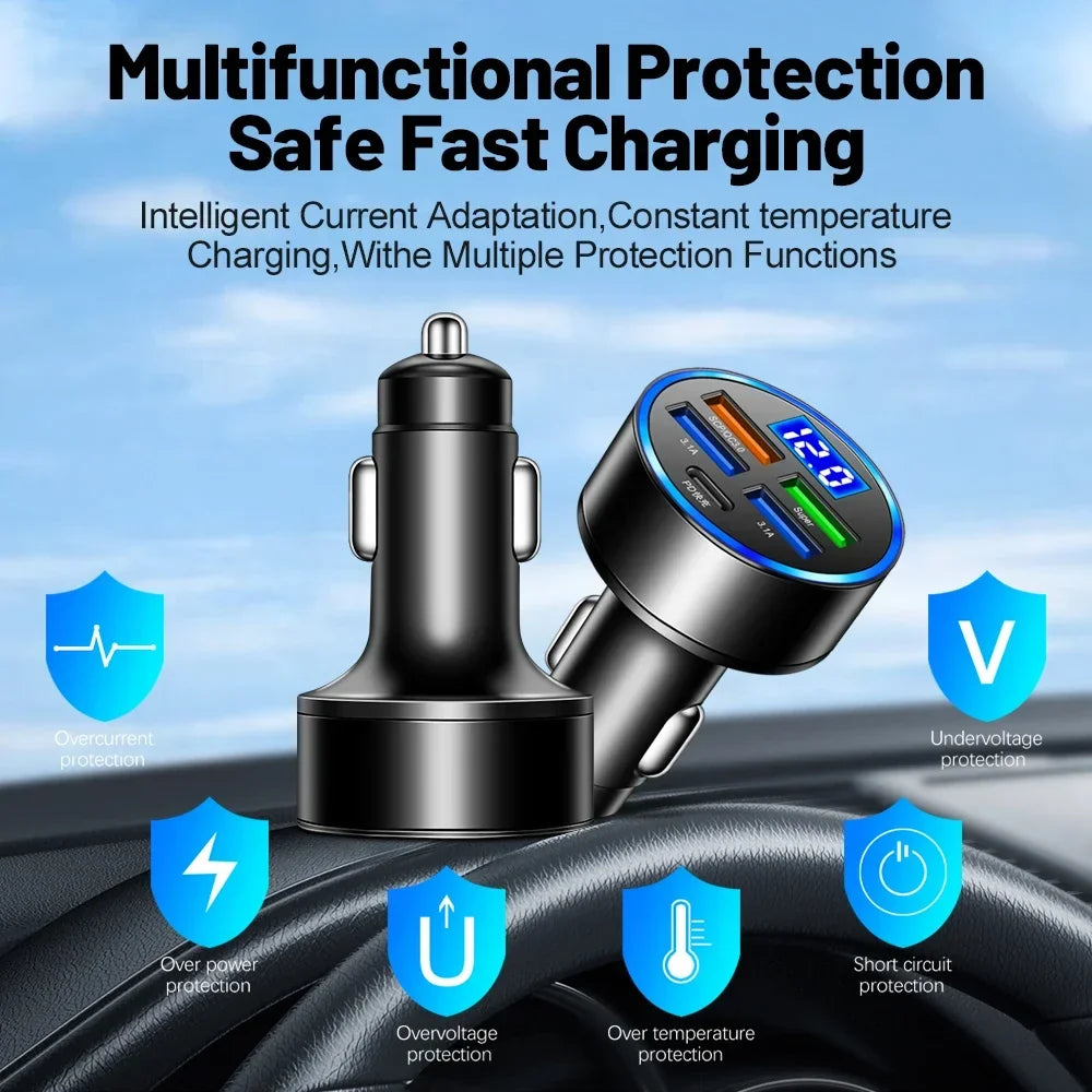 5-Port 250W PD QC3.0 USB Car Charger with LED Display