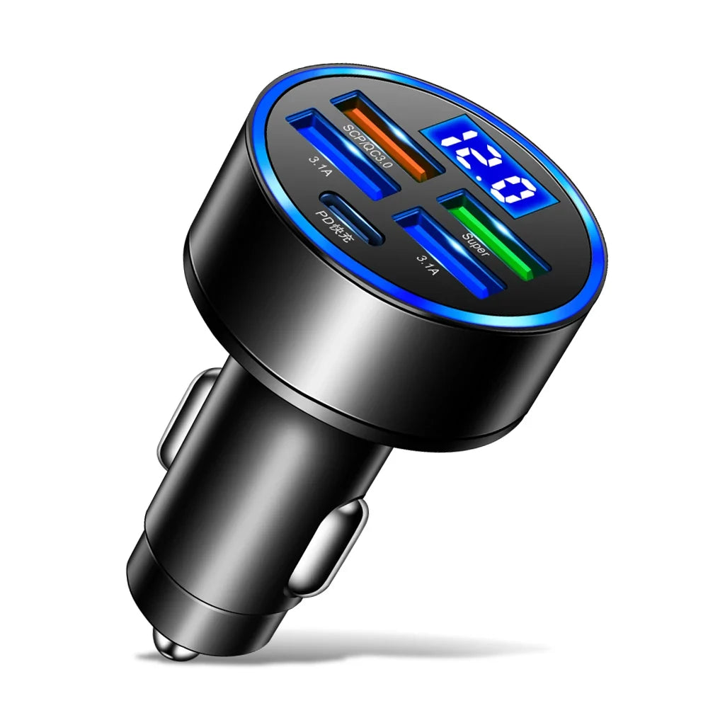 150W 5-Port Car Charger PD QC 3.0 Fast Charge Digital Display