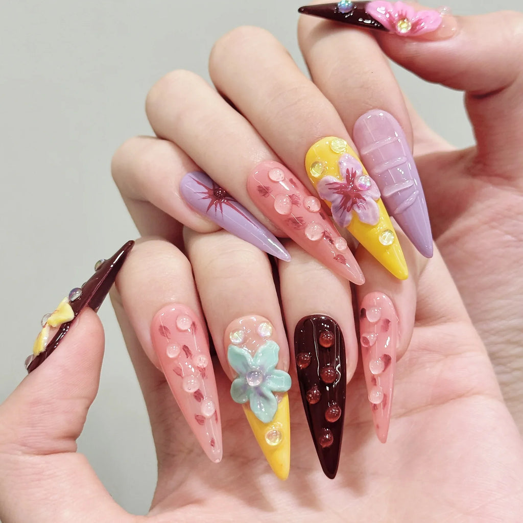 3D Carved Flower Press-On Nails | Long Almond False Nail Set