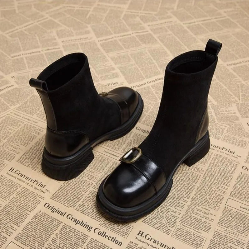 Women's Square Toe Knit Sock Ankle Boots – Medium Heel
