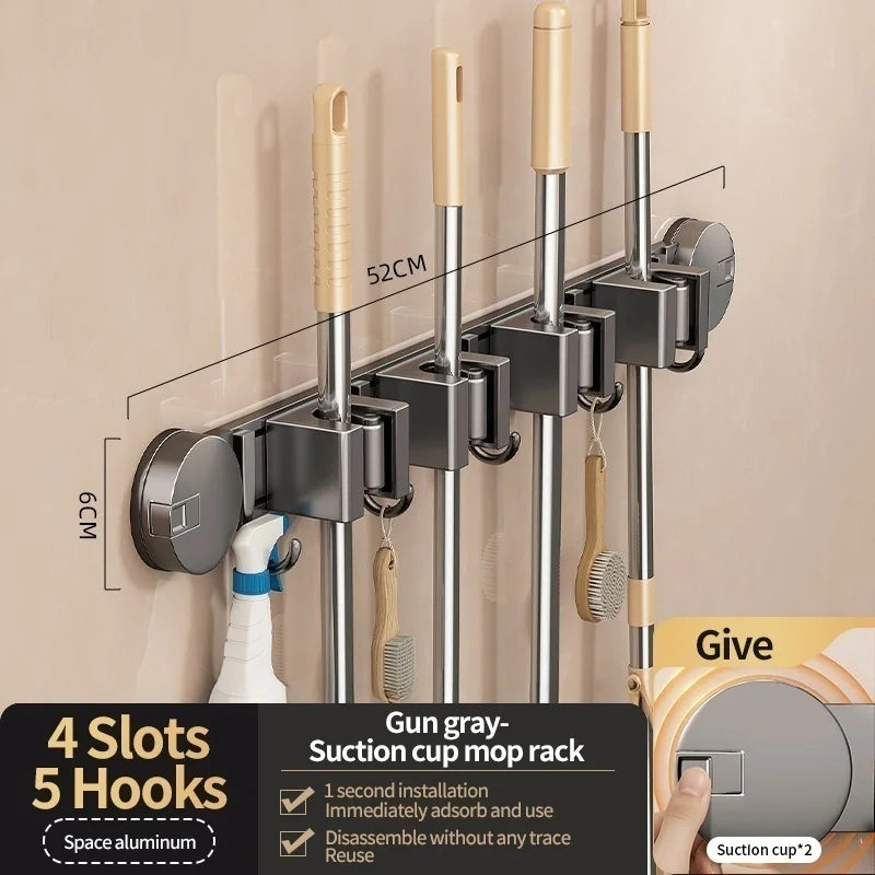 No-Drill Suction Cup Mop Rack Wall-Mounted Holder with 6 Hooks
