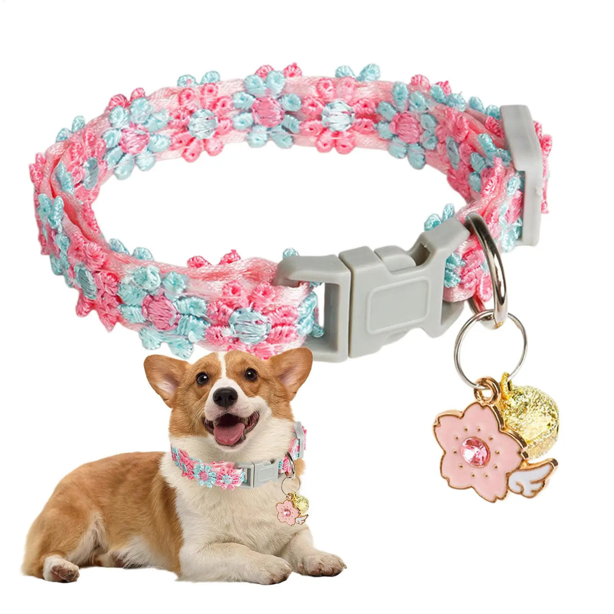 Floral Bell Cat Collar – Adjustable Lace Embroidery for Cats & Dogs