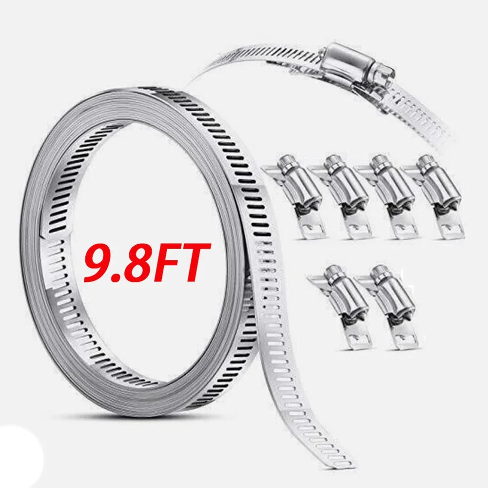 9.8ft Adjustable Worm Gear Hose Clamp 304 Stainless Steel + 6 Fasteners