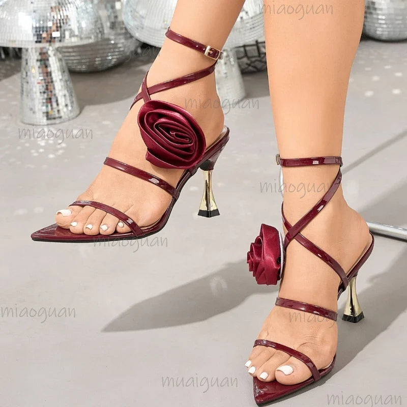 Rose Flower Heeled Sandals – Women's Open Toe Ankle Strap Pumps