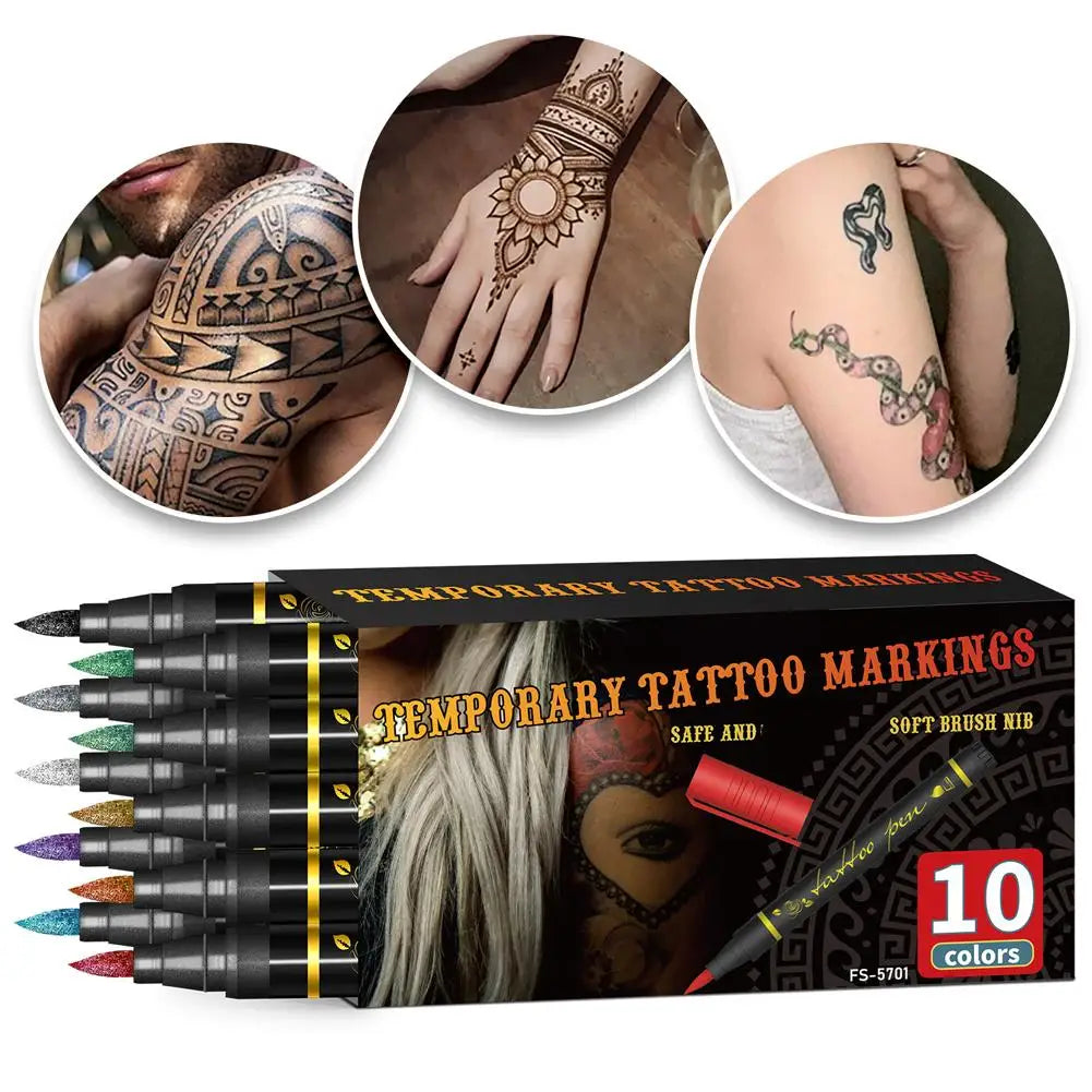 10 Dual-End Temporary Tattoo Markers – Body & Face Paint Pens