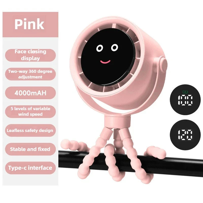 URGGU Smiling Face Clip Fan – USB Rechargeable, 5 Speeds