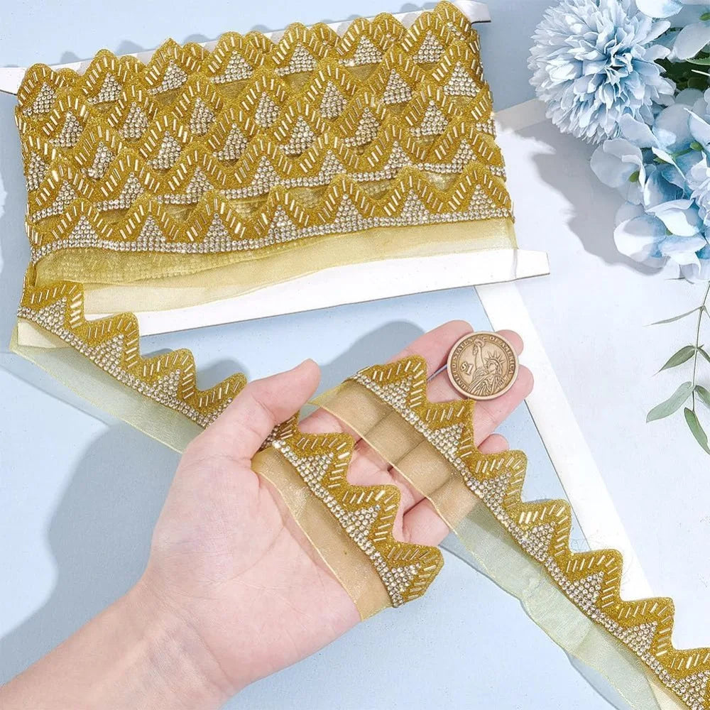Rhinestone Glass Bead Lace Ribbon Goldenrod 41mm – 5 Yards