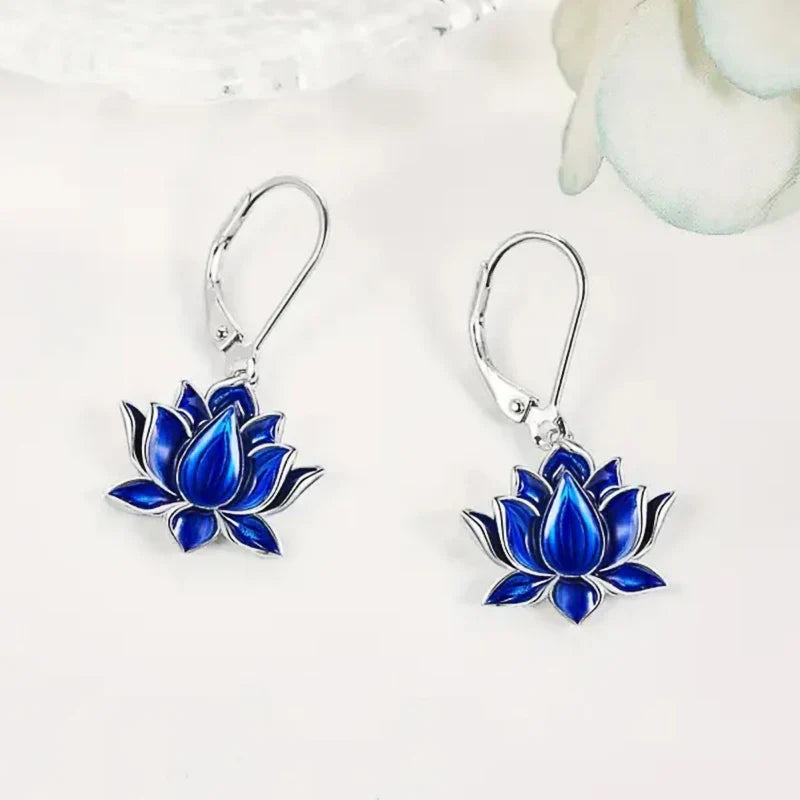 Huitan Blue Lotus Drop Earrings – Silver Tone Fashion Jewelry