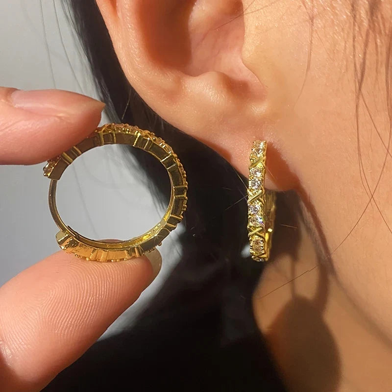 Huitan Gold Hoop Earrings with Cubic Zirconia | Women's Jewelry