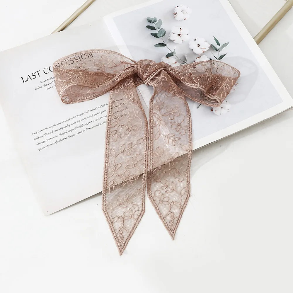 Women's Floral Embroidered Narrow Long Scarf Y2K Ribbon Headscarf