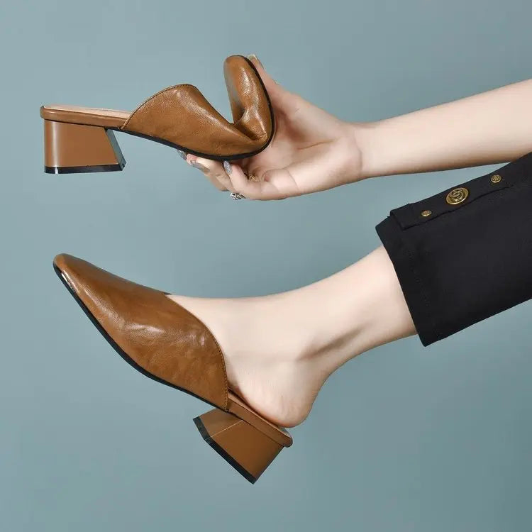 Women's Retro Square-Toe Chunky Heel Mule Sandals | Slip-On