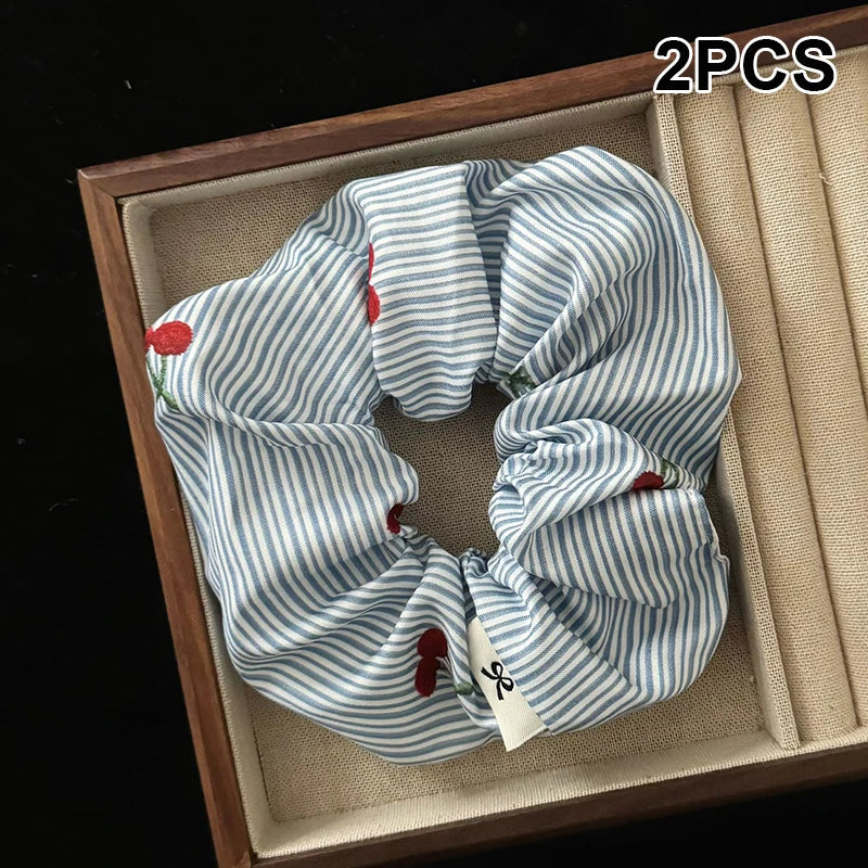 Korean Cherry Stripe Scrunchie Hair Ties – Set of 2 | K-Style