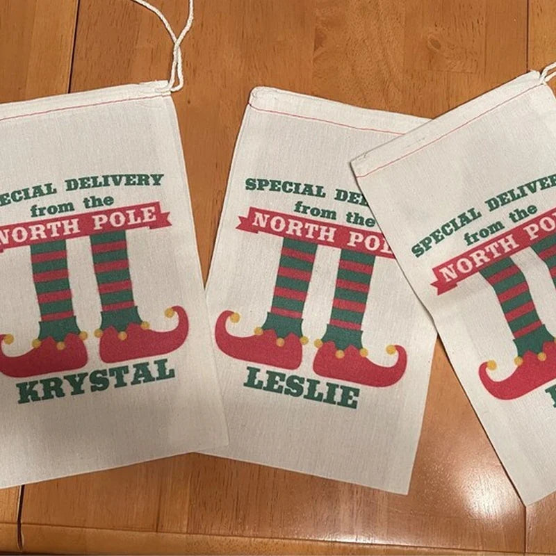 3-Pack Personalized Christmas Elf Drawstring Gift Bags | Custom Name