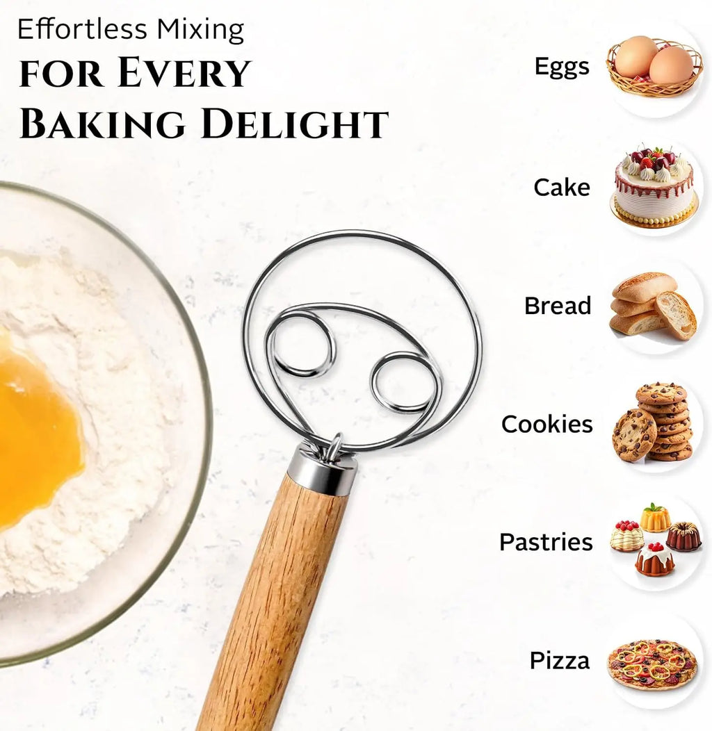 10-Inch Danish Dough Whisk – Oak Wood & Stainless Steel