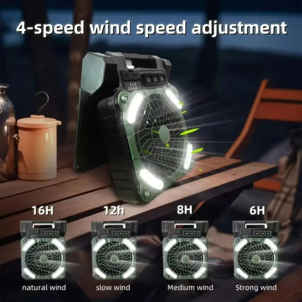 5200mAh Solar Camping Fan with LED Lantern & Sleep Timer