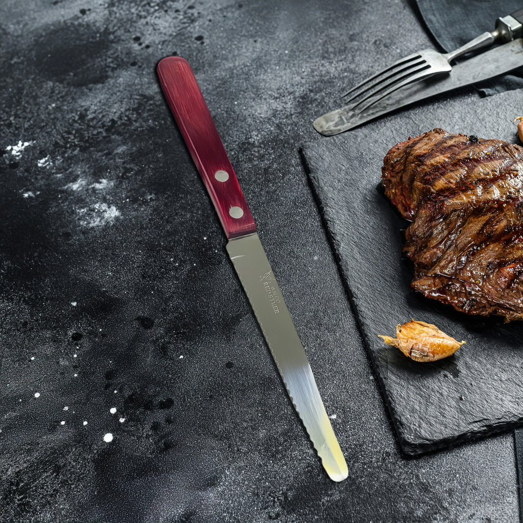 Stainless Steel Steak Knife – Red Polywood Handle | Dishwasher Safe