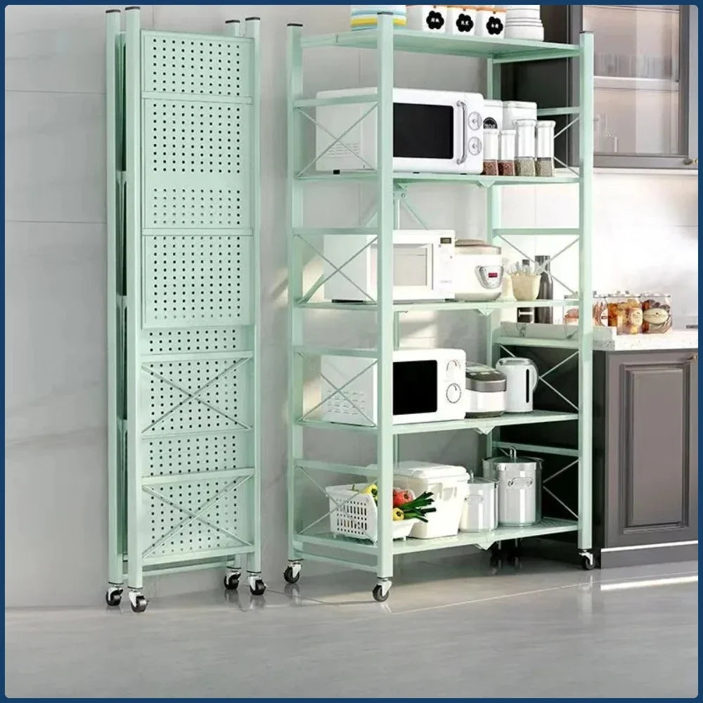 Foldable Multilayer Storage Rack with Wheels | Iron Frame Shelf