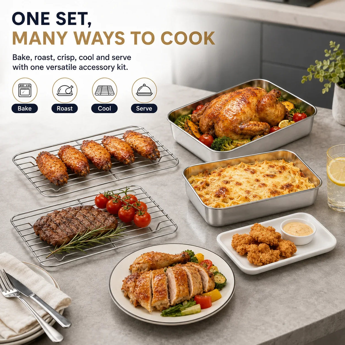 Dual Zone Air Fryer Stainless Steel Baking Pan & Rack Set