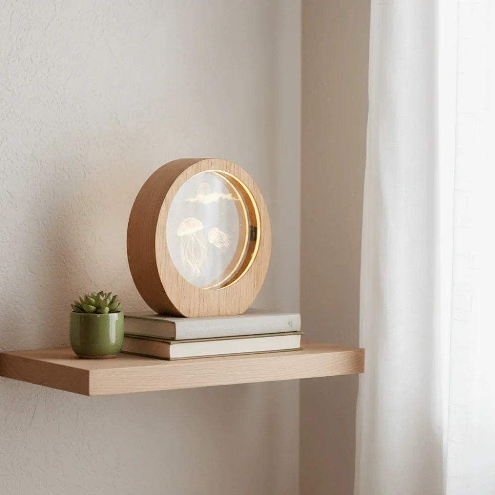 3D Solar System Planet Night Light – Wood Base Crystal Glow