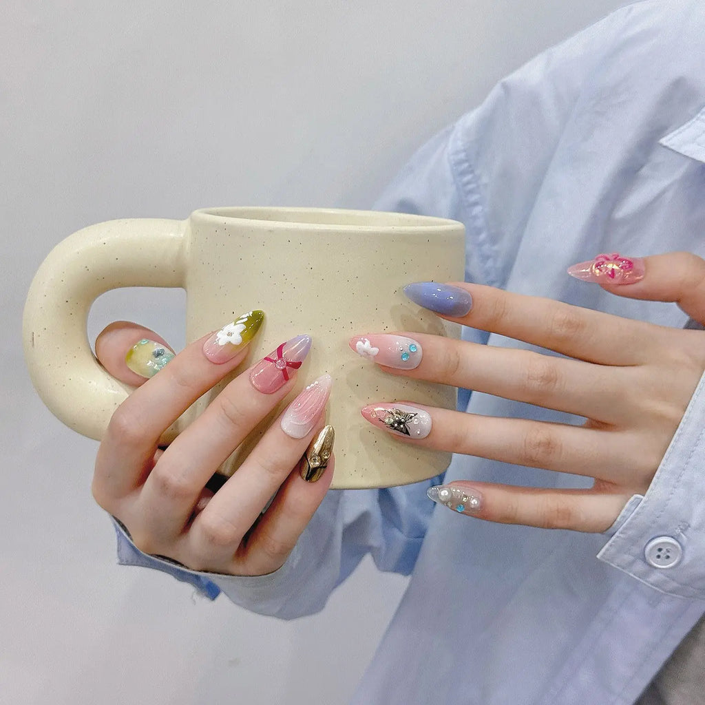 3D Flower Press-On Nails | Nude Pink Almond French False Nails
