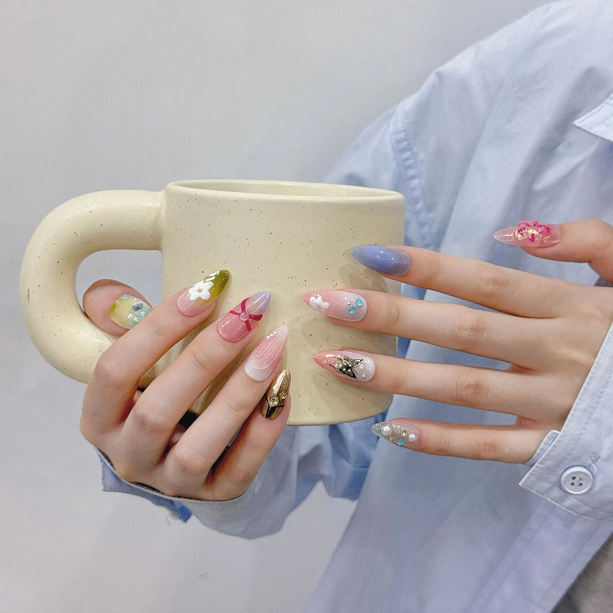 3D Flower Press-On Nails | Nude Pink Almond French False Nails