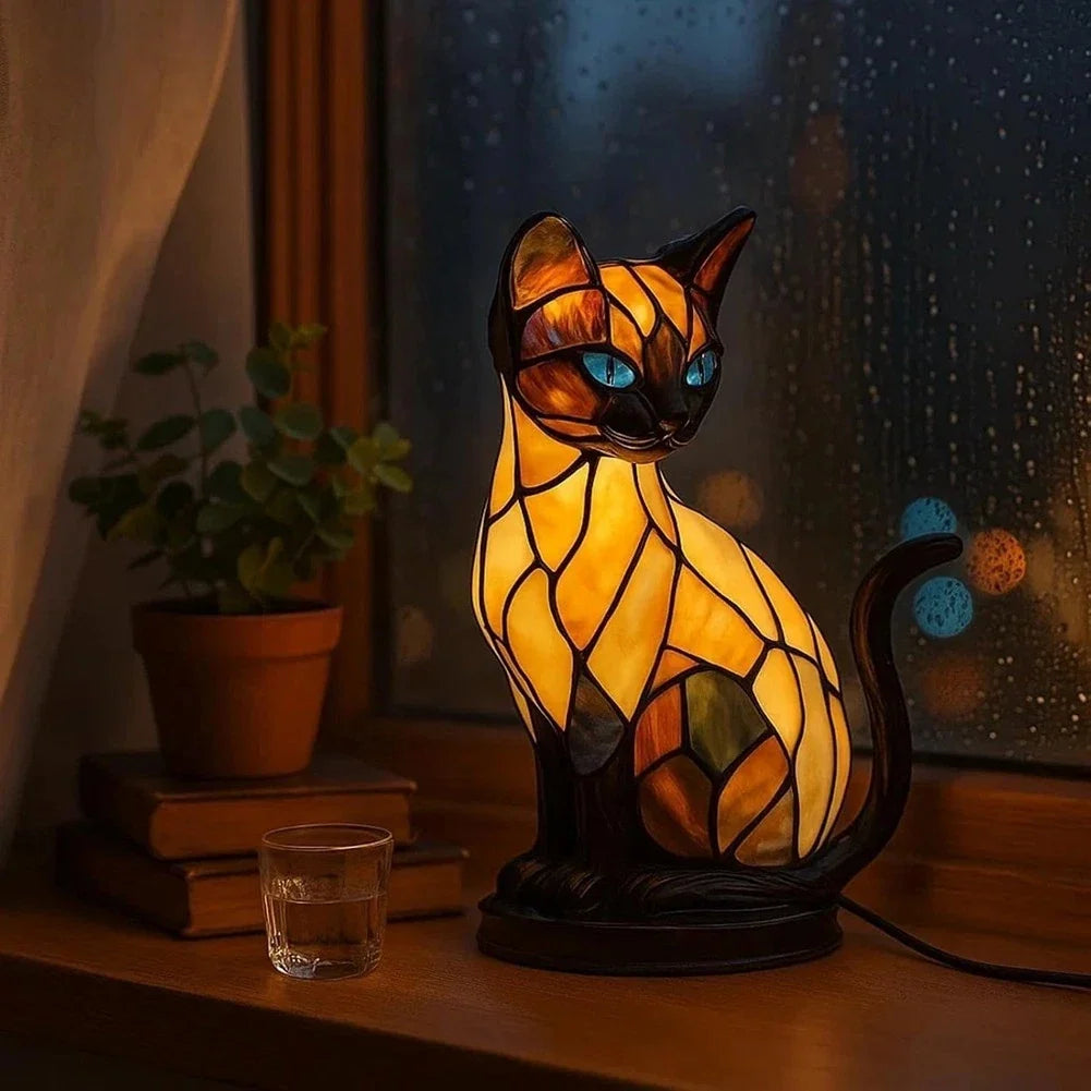 Cute Cat Lamp Stained Glass Retro Led Resin Tabletop Night Light