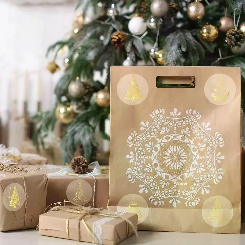 Golden Foil Christmas Stickers Transparent Xmas Tree Sealing Labels