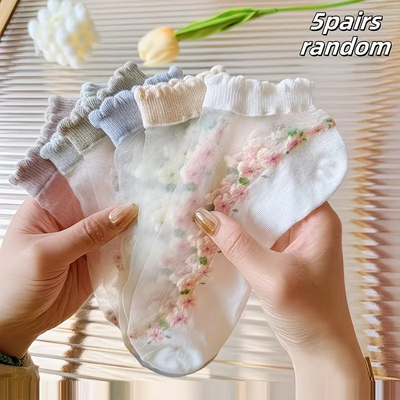 Women's Sheer Floral Embroidered Ankle Socks – 5 Pairs Ruffle