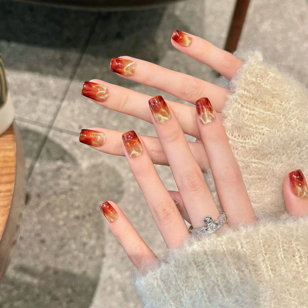 Glitter Gradient Red Cat Eye Press On Nails | Full Cover Set