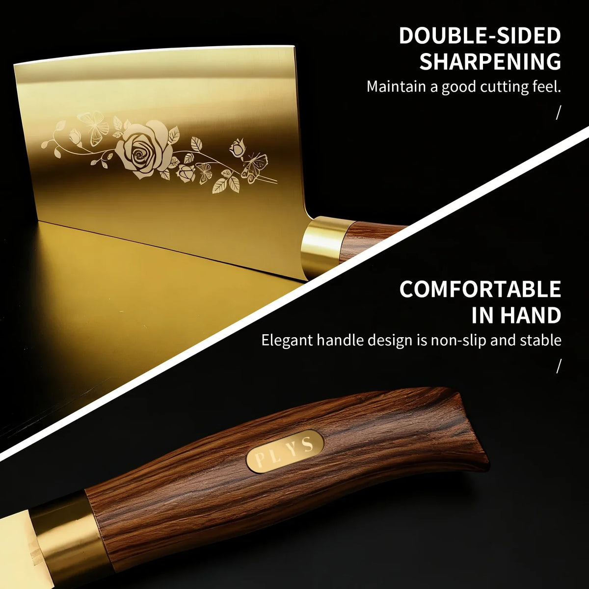 PLYS Titanium-Gold Chef Knife – Sharp Stainless Steel Kitchen