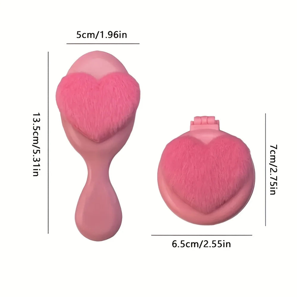 Plush Heart Mini Hair Brush & Mirror Set – Portable Pink